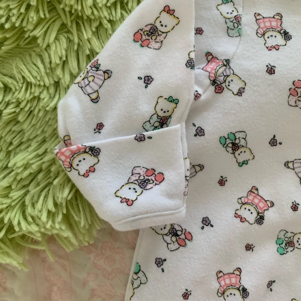 VTG Miniwear Sleeping Gown Sack 1 Piece Hat  Bears 3 PC Set Pajama White Newborn